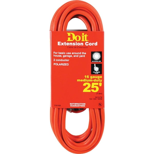 All-Source SJTW Extension Cord, 16 AWG, Outdoor, 16/2, 1 Outlets, Orange, 25 ft OU-JTW-162-25-OR - main